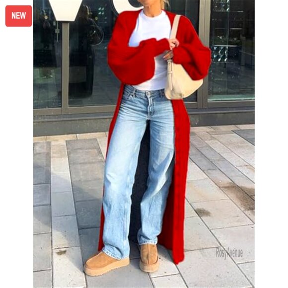 V-Neck Button Down Long Cardigan Chunky Knit Maxi Coat Sweater Dress - Picture 6 of 7